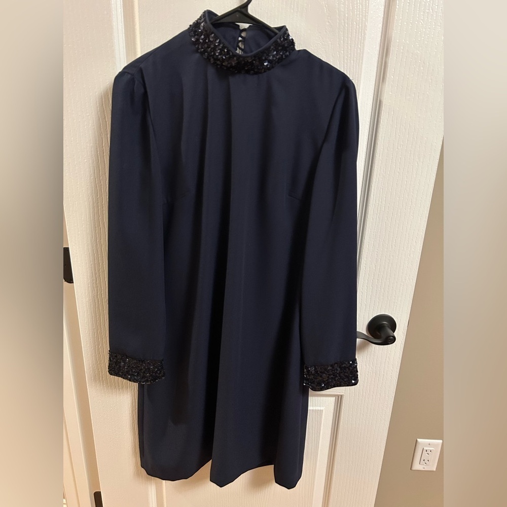 Donna Ricco Navy Mini Dress with Embellished Collar and Cuffs